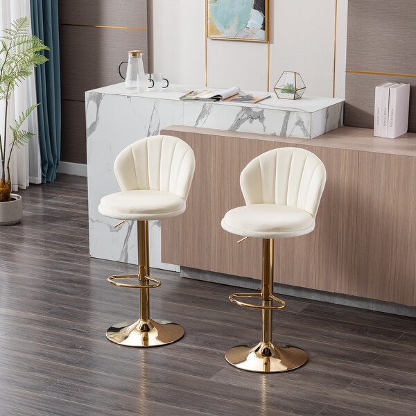 Modern Bar Stools Set of 2 Adjustable Mechanical Lifting Velvet and Golden Leg Bar Stool， Chrome Footrest and Base Swivel Height