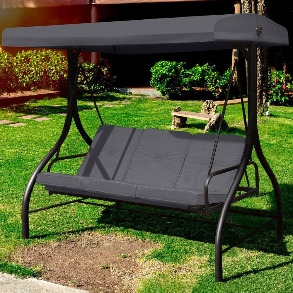 VEIKOUS 3Seat Converting Canopy Patio Swing Steel Lounge Chair with Cushions in Dark Grey