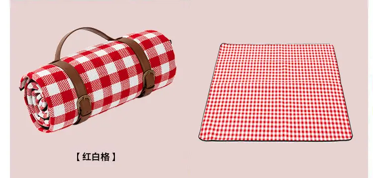 Foldable Waterproof Picnic Blanket Mat with Leather Strap Woven Plaid Outdoor Picnic Rug