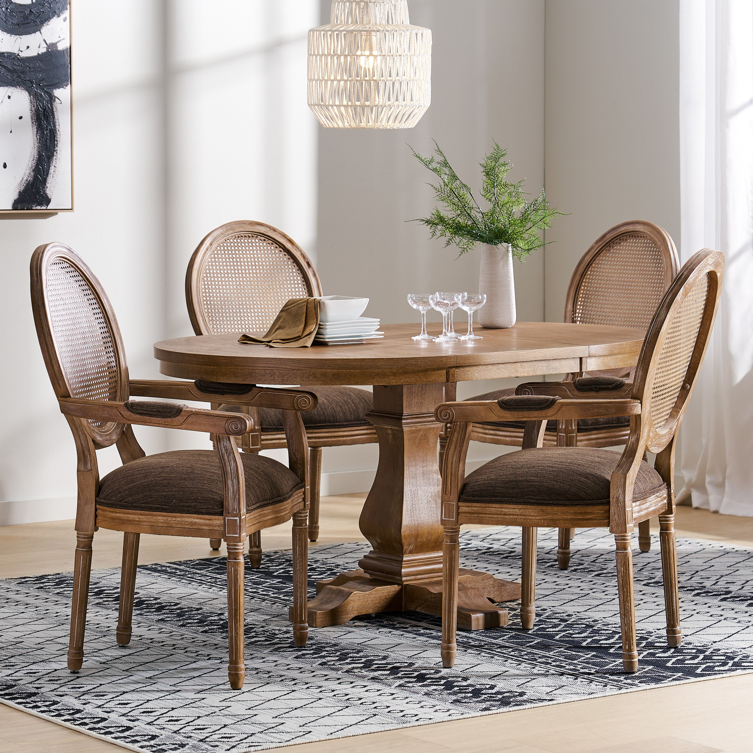 Ismay French Country Wood and Cane 5-Piece Expandable Oval Dining Set