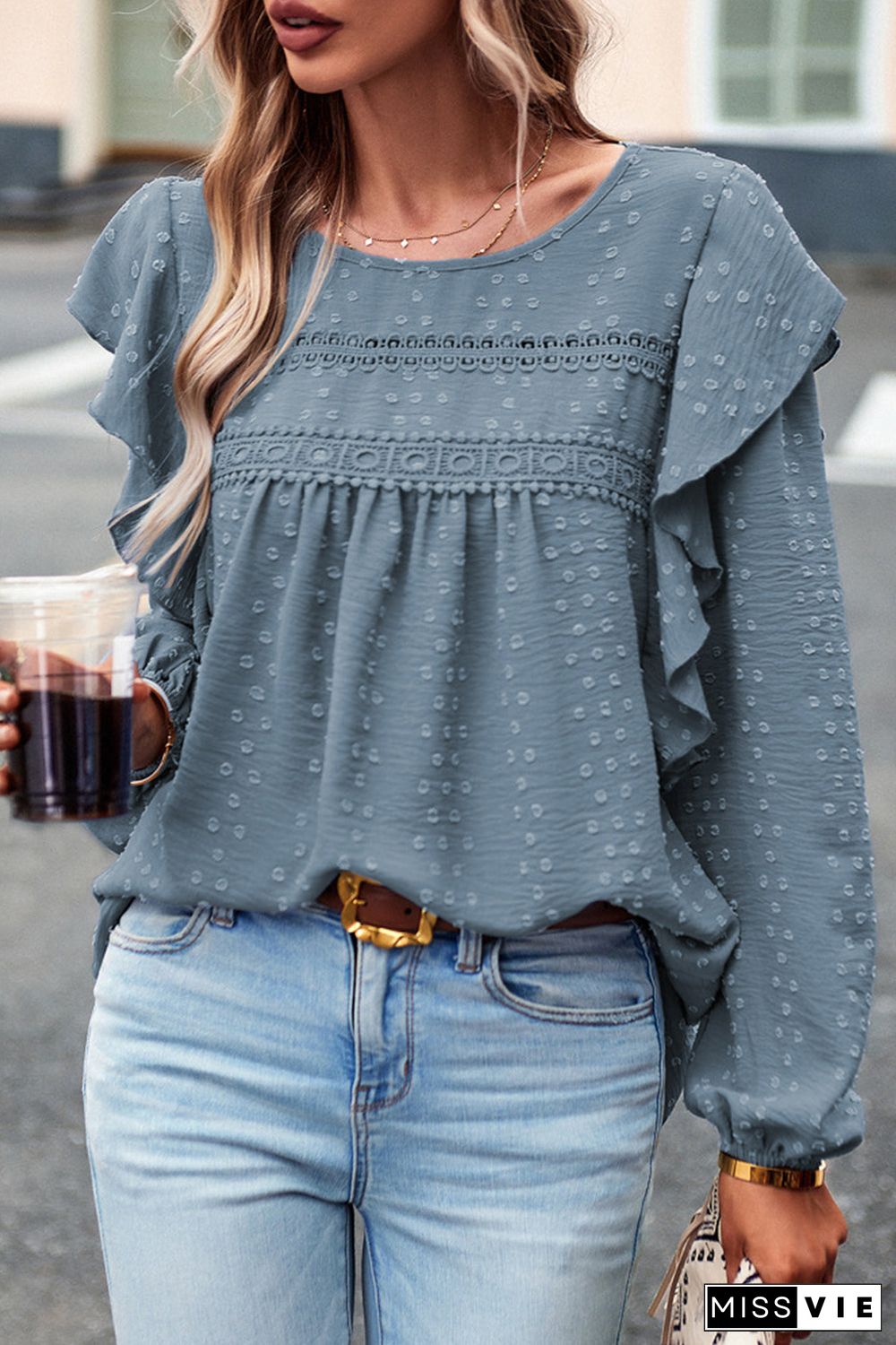 Lace Eyelet Ruffle Shoulder Long Sleeve Blouse