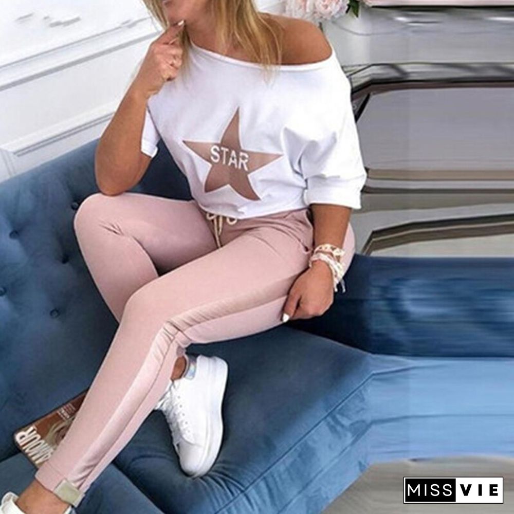 Back To School Outfit  Autumn Women'S Clothing Set Two Piece Star Printed Top Drawstring Design Pants Fashionable Casual Ladies Suit