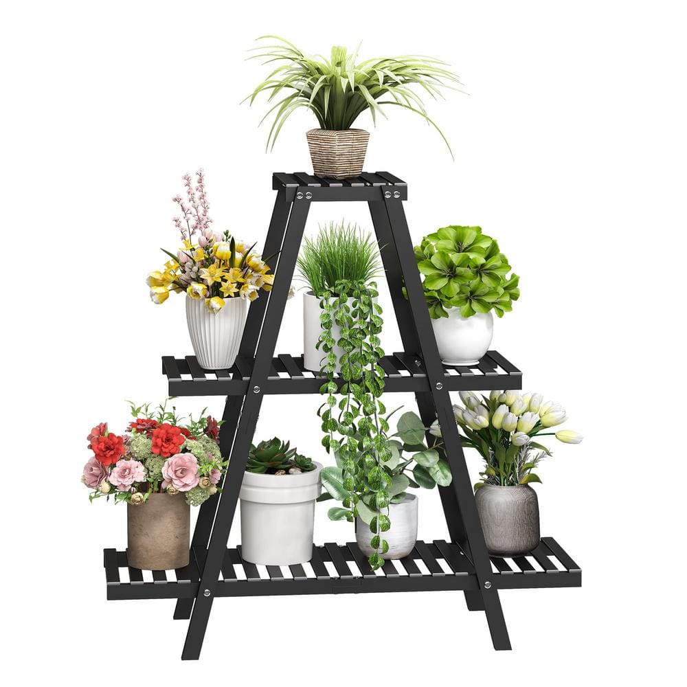 32 in. H Bamboo Plant Stand for Indoor Outdoor Tiered Plant Shelf 8 Potted Flower Holder Ladder Plant Rack 3-Tier PUL5YS