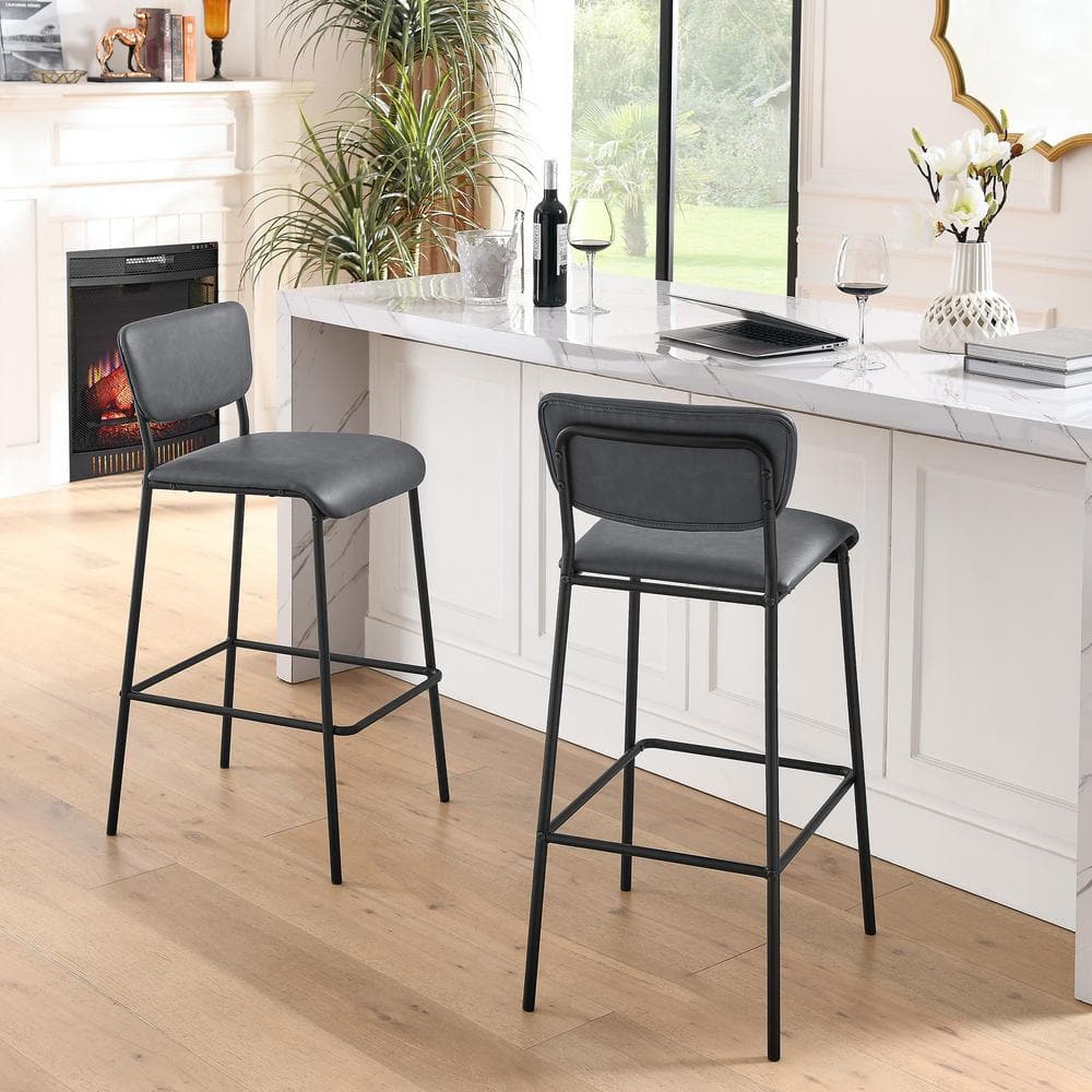 38.5 in. Gray Low Back Metal Frame Bar Stools, Dining Chair Pub Stools with Footrest and Faux Leather Seat (Set of 2) HY02015Y