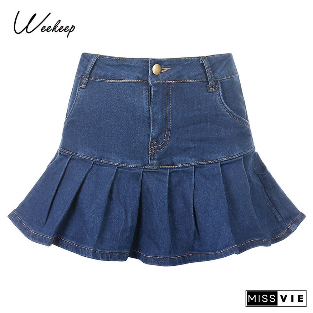 Weekeep Women Denim Skirts High Waisted Fashion Pleated Super Short Skirt Sexy Rave Party Club Streetwear Ruffles Skirt Harajuku