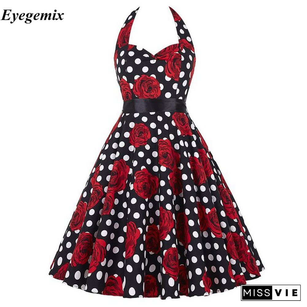 Women Polka Dot Print Summer Dress Sexy Retro White Black Halter Vintage Dress Robe Femme Pin Up 50S 60s Rockabilly Party Dress