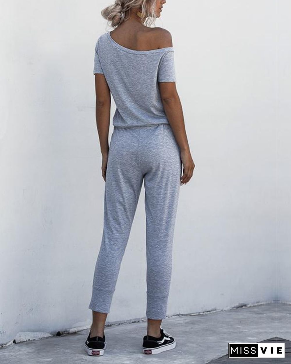 Asymmetric Neck Drawstring Waist Jumpsuit