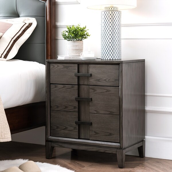 Oak Recessed Top Drawer and Bottom Door Nightstand/Side Table with Top AC/USB Charger