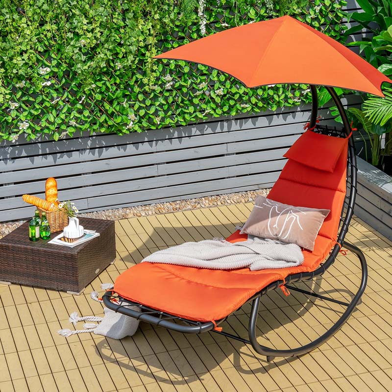 Full-Padded Hammock Chair Swing Patio Sun Lounger with Shade Canopy, Outdoor Chaise Lounge Hanging Chair for Pool Beach Deck