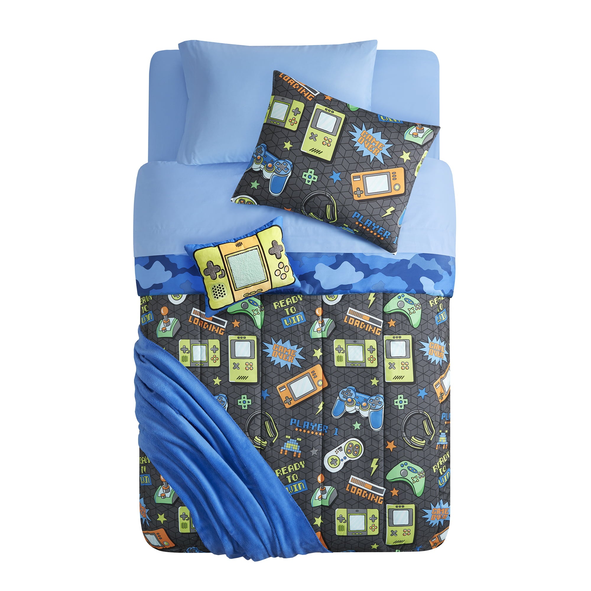 Here I Grow Gamer Print Reversible 9 Piece Comforter Bed in a Bag， Grey/Blue， Twin/TXL