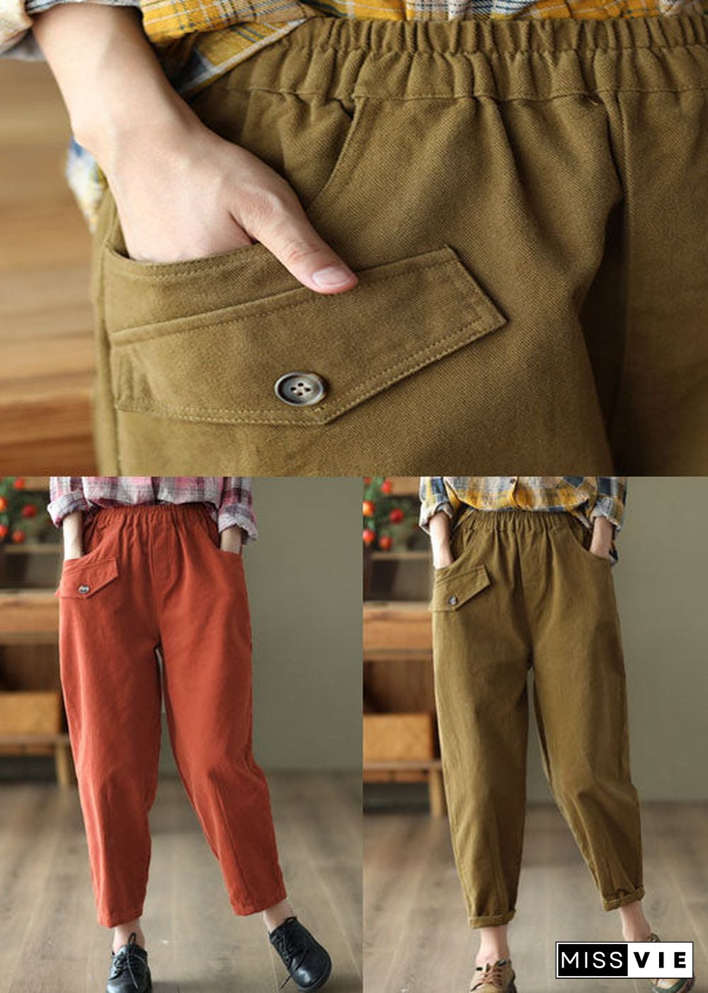 Khaki Slim Fit Cotton Harem Pants High Waist Pockets Fall