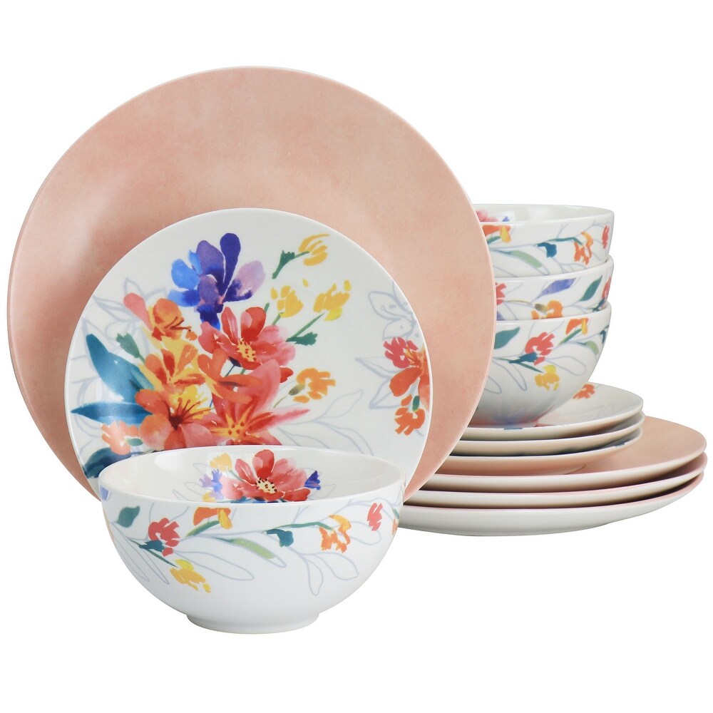 Spice by Tia Mowry Goji Blossom 12 Pc Ceramic Dinnerware Set in Pink   12 pc