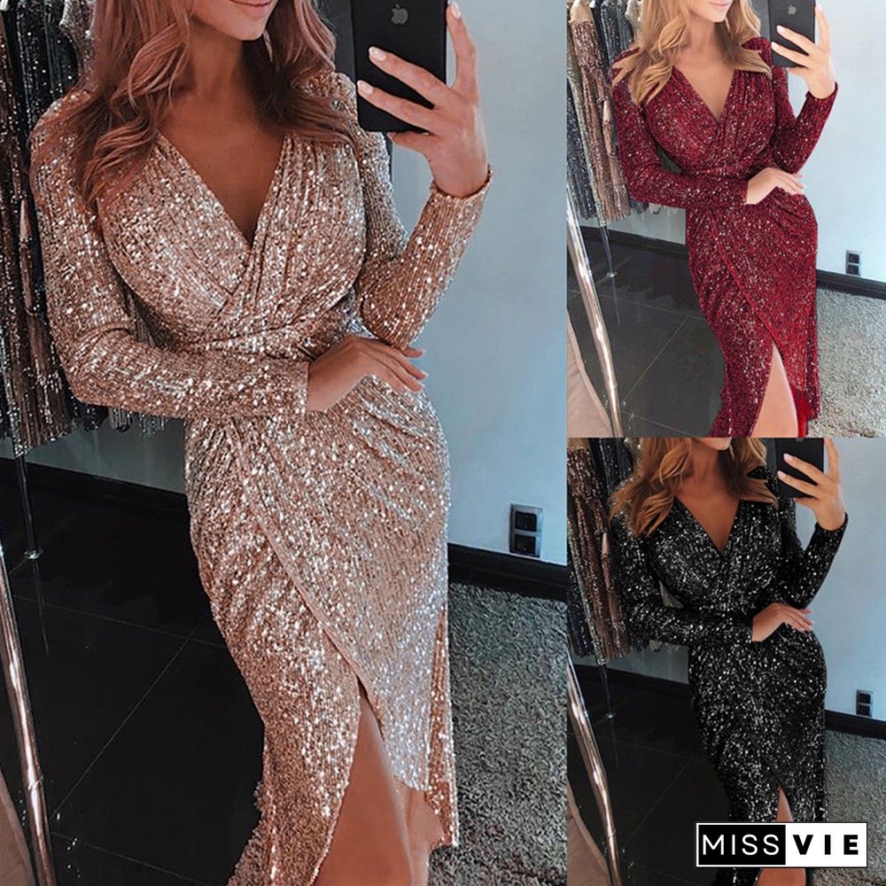 Sexy Women Dress Fashion Sequin Women Long Sleeve Dress Maxi V Neck Long Dresses Casual Summer Split Wrap Ladies Party Dresses