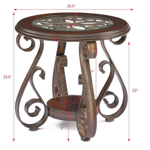 2 Tier End Table with Glass Table Top and Powder Coat Finish Metal Legs，Dark Brown