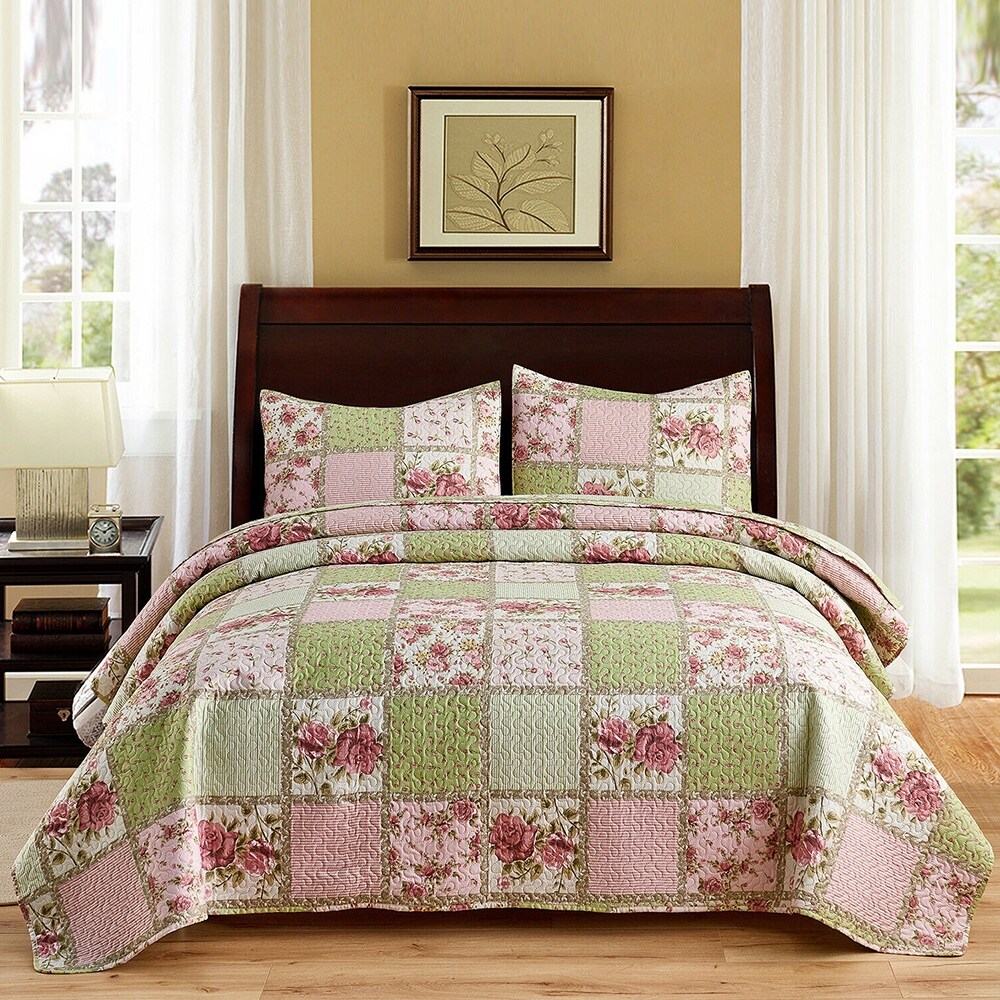 3 Piece Quilt Set Bedspread Matching Pillow Full Queen Pink Patchwork