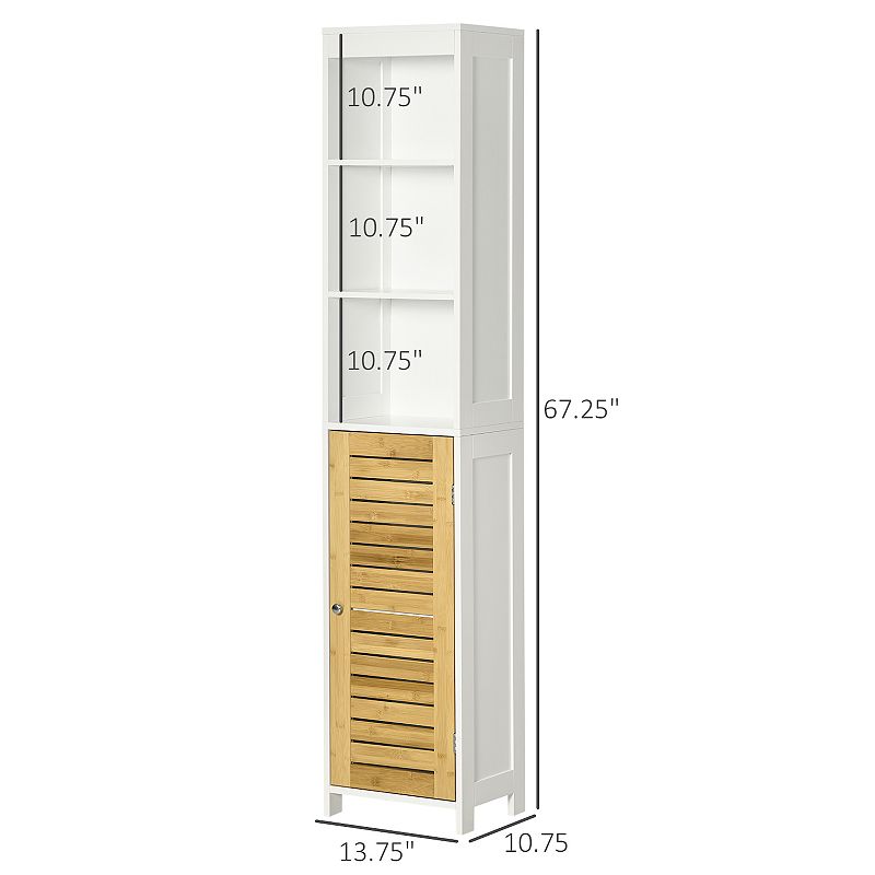 kleankin Tall Bathroom Storage Cabinet， Free Standing Bathroom Cabinet Slim Side Organizer w/ 3-Tier Open Shelf，  Door， White