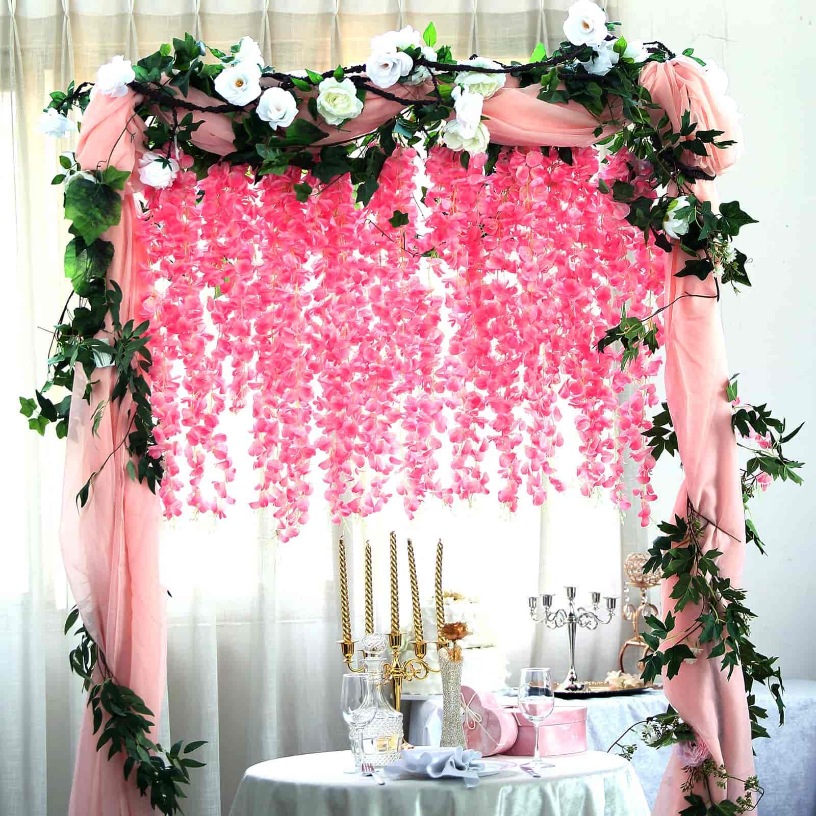 Pink Artificial Silk Hanging Wisteria Flower Garland Vines - Elaborated 5 Full Strands in 1 Bush 42