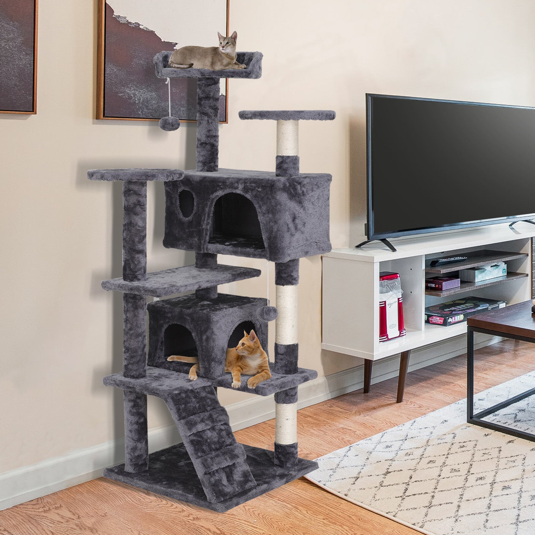 HomGarden 55''H Multi-Level Soft Cat Tree Condo Cat Tower W/Scratching Posts and Top Perch， Gray