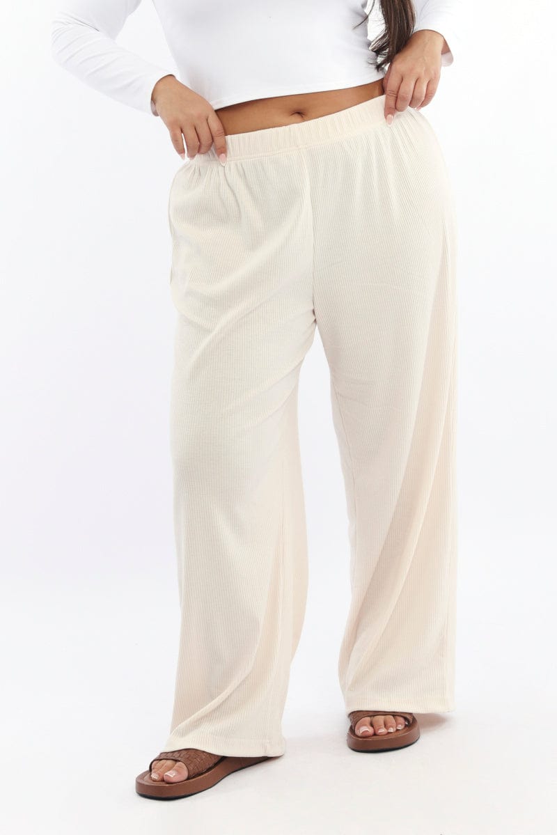 Beige Rib Jersey Wide Leg Lounge Pants