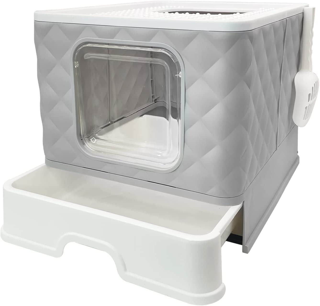 Hamiledyi Large Cat Litter Box with Lid， Enclosed Cat Potty with Drawer Foldable Top/Front Entry Anti-Splashing Cat Toilet Supplies with Pet Plastic Scoop Easy to Clean(Grey)