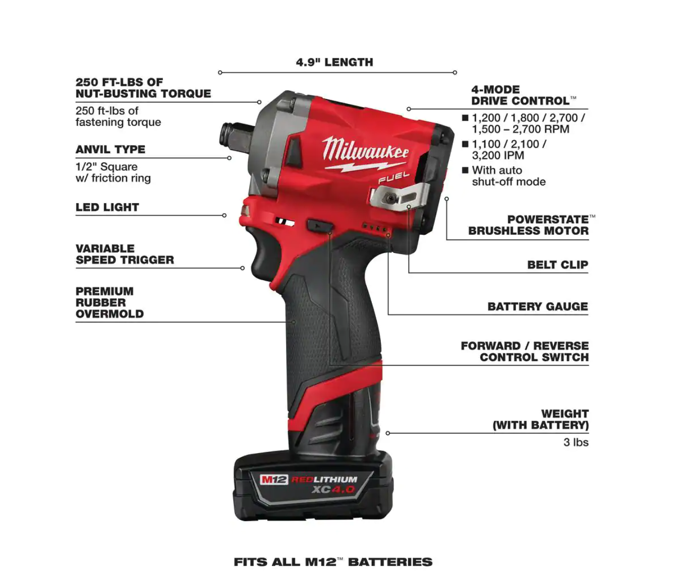 Milwaukee 2555-22-49-66-7022 M12 FUEL 12V Cordless Brushless Stubby 1/2 in. Impact Wrench Kit with 1/2 in. Drive SAE Deep Socket Set (9-Piece)