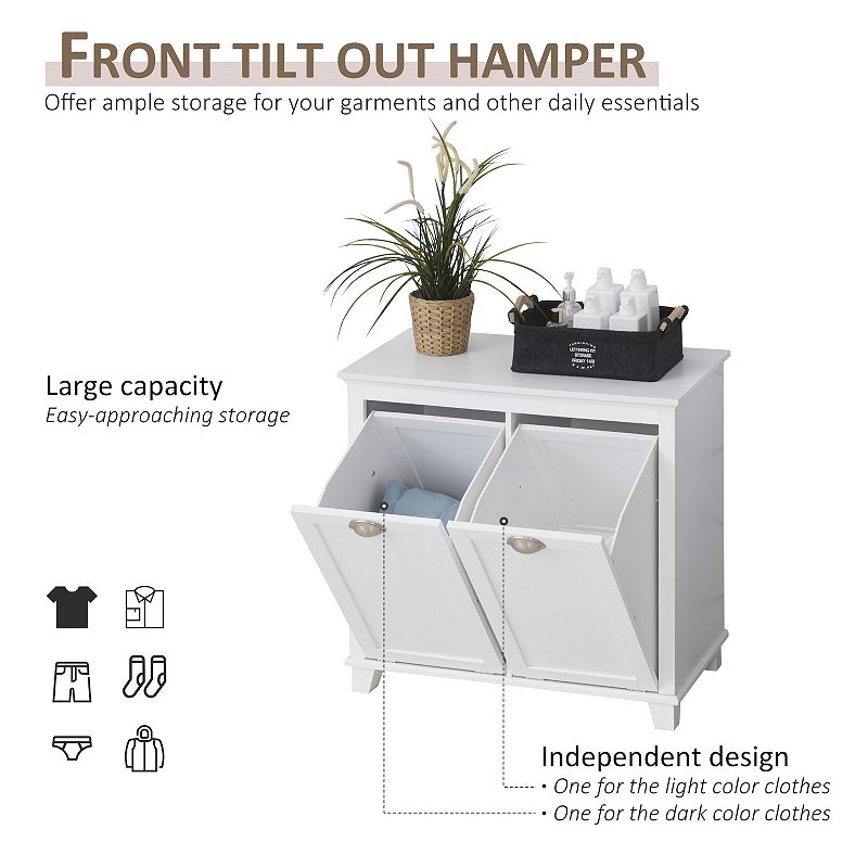 HOMCOM Tilt Out Laundry Sorter Cabinet Bathroom Storage Organizer with Two Compartment Tilt Out Hamper White