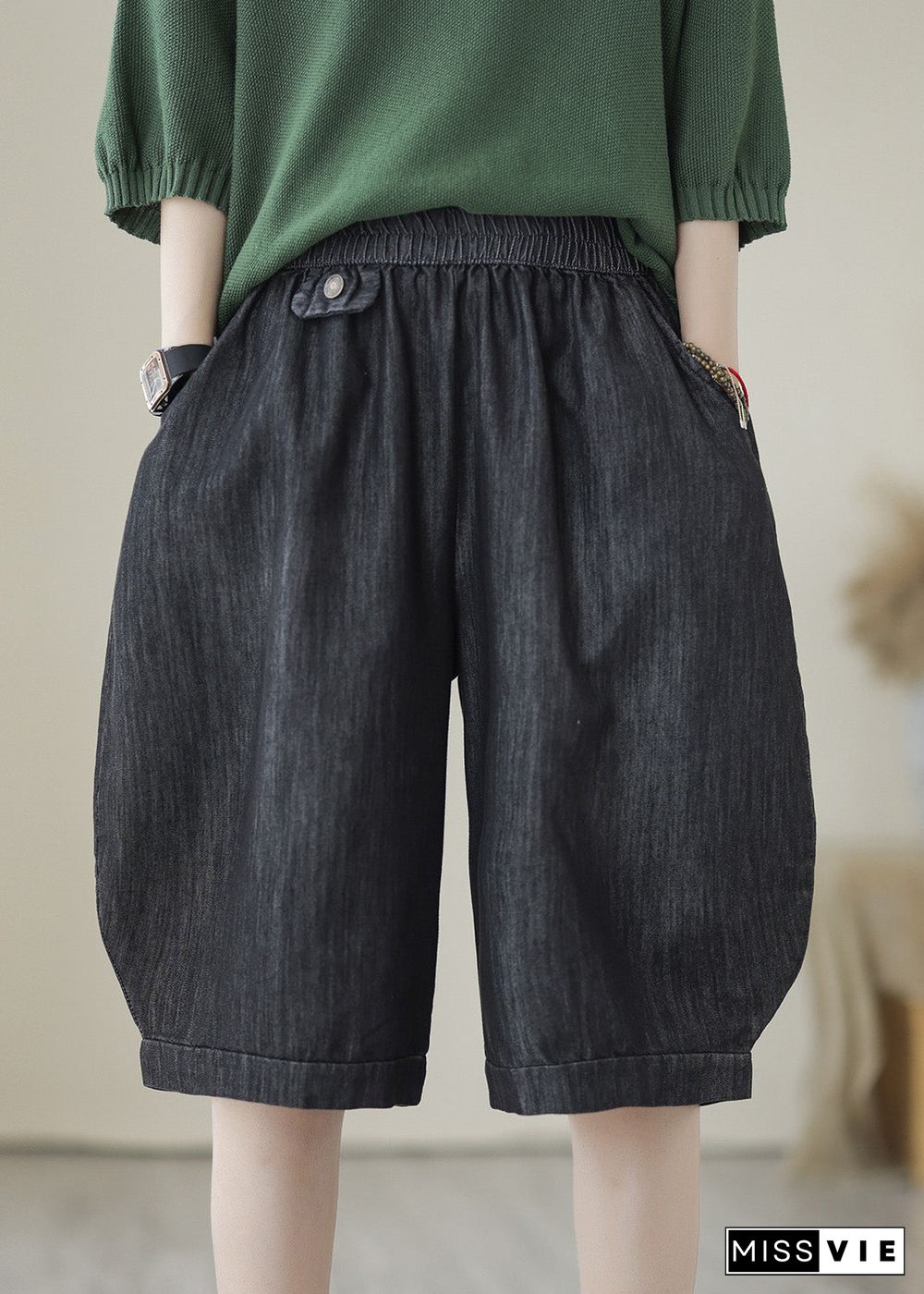 Simple Black Elastic Waist Pockets Solid Cotton Shorts Summer