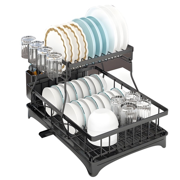 WZCPCV 2-Tier Dish Drying Rack， Rustproof Dish Drainer with Utensil Holder， Cup Holder and Drain