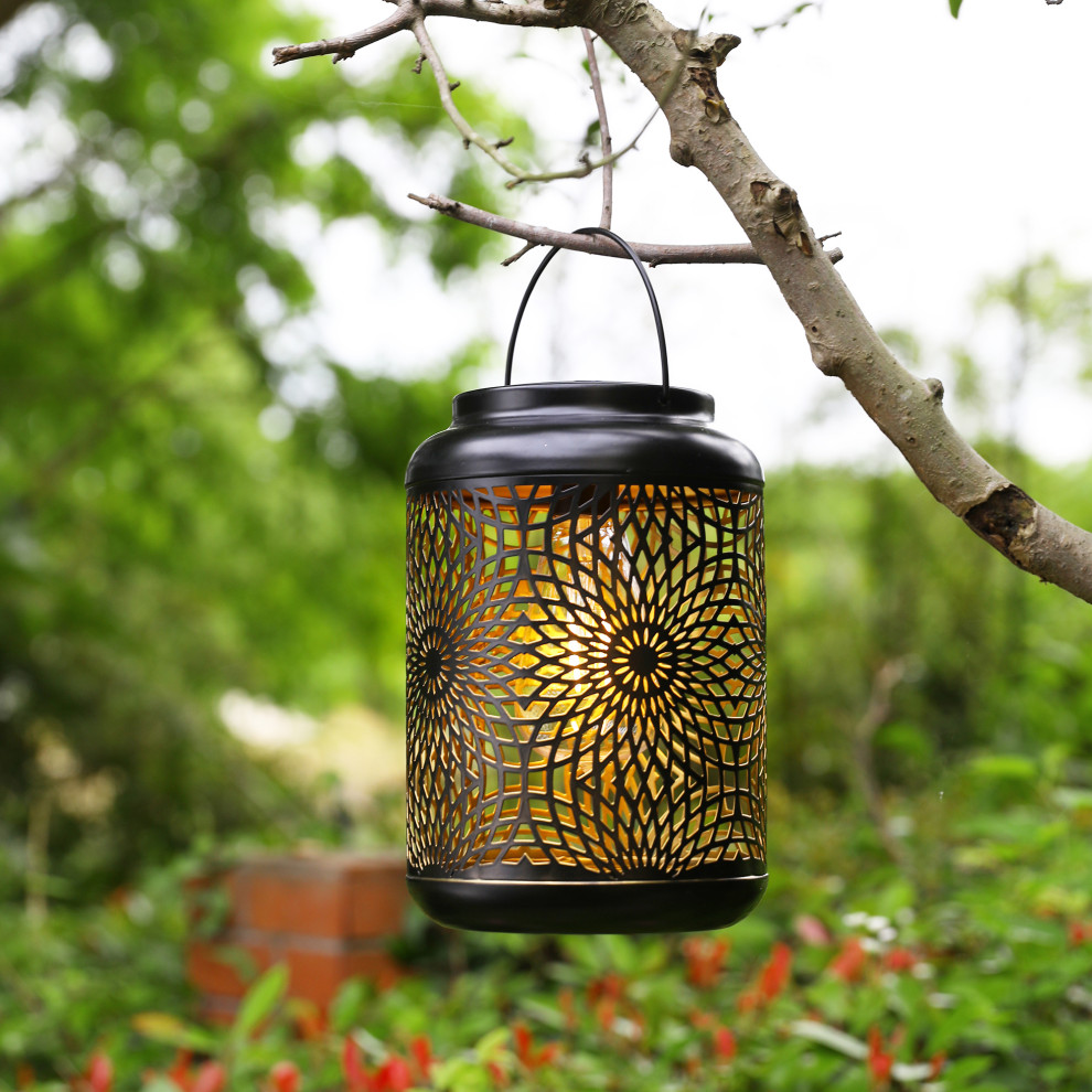 8.75 quotH Metal Cutout Solar Powered Outdoor Hanging Lantern   Contemporary   Outdoor Hanging Lights   by Glitzhome  Houzz