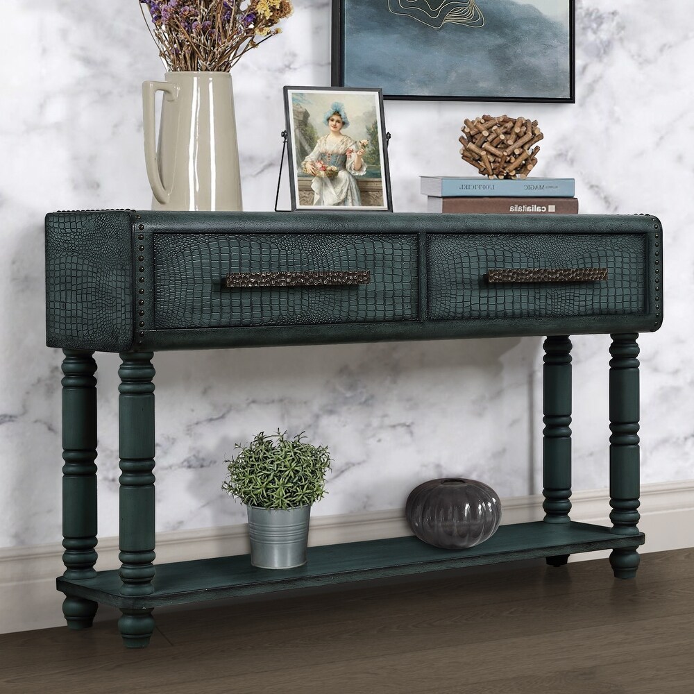 Imitation Crocodile Skin Apperance Sofa Table Wood Console Table with Two Drawers  2 Power Outlets and 2 USB Ports