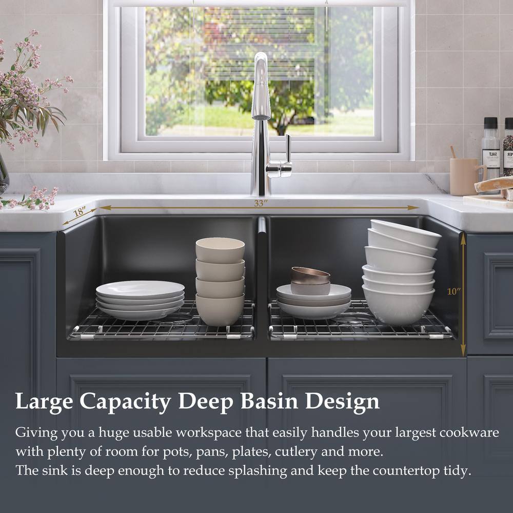 Black Fireclay 33 in. Double Bowl Farmhouse Apron Kitchen Sink with Bottom Grid and Basket Strainer HKD-331810T2-B