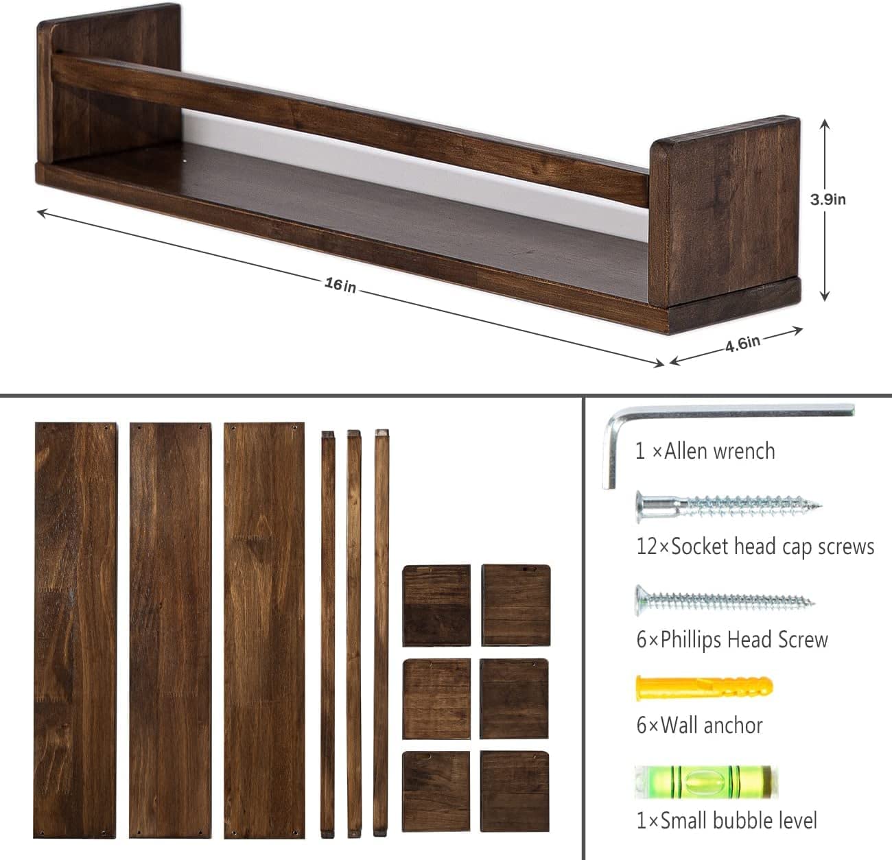 Floating Bookshelf 3 Same Dimensions, 16 Inch Handmade Solid Wood Wall Book Shelf, Wall Shelf for Kitchen Spice Rack or Bathroom Organizer