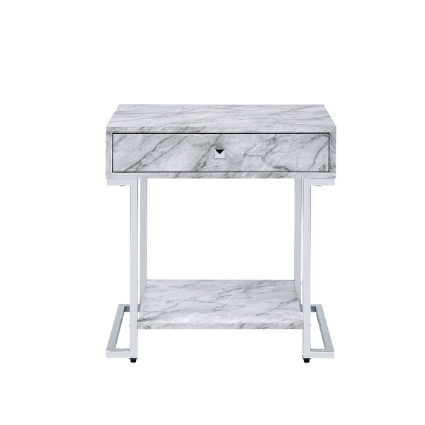 White Printed Faux Marble and Chrome Finish Wither Accent Table