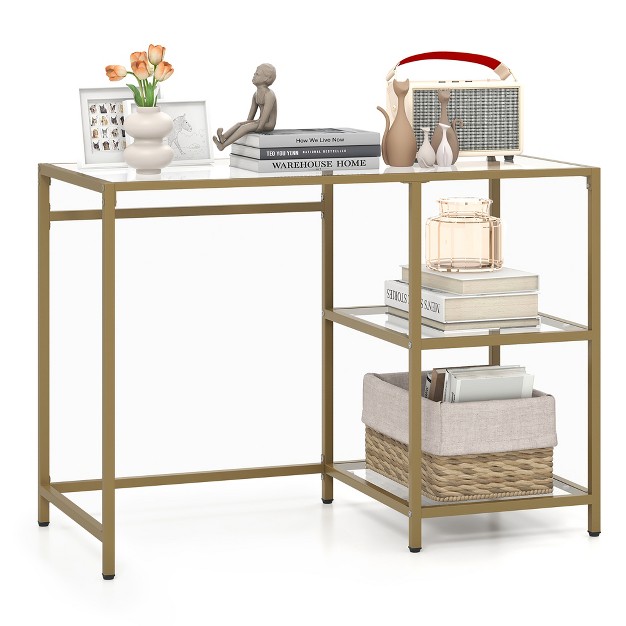 Costway 42 modern Console Table Tempered Glass Entryway Table With 2 Open Shelves amp Metal Frame Gold