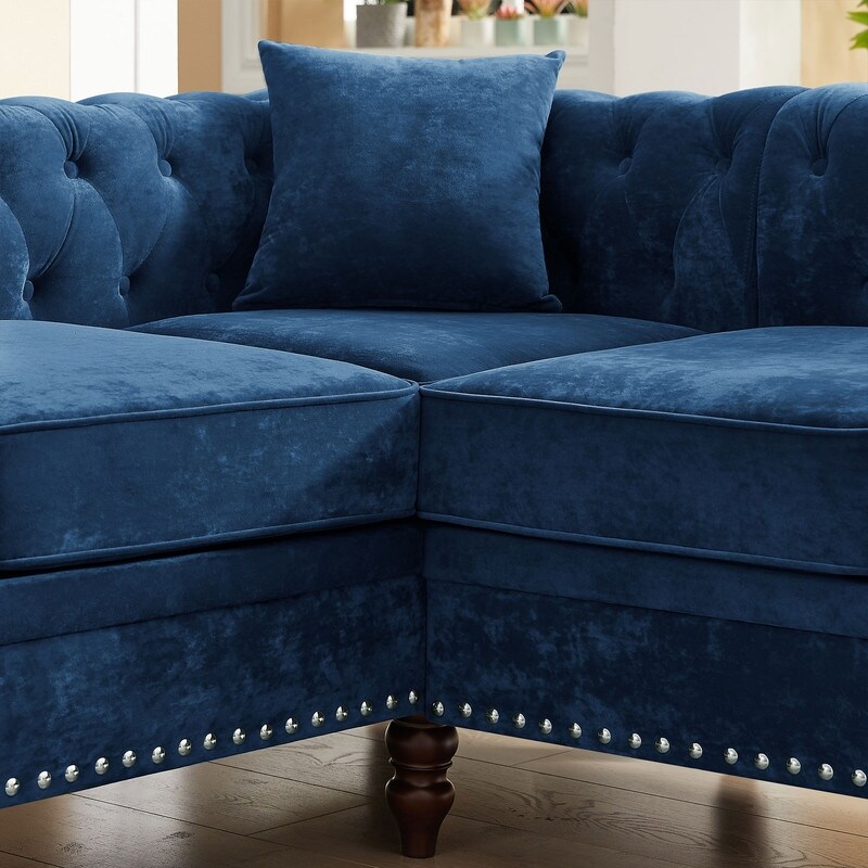 Chesterfield Button Tufted Upholstered Sectional Sofas L Shaped Sofa with 3 Pillows Included and Solid Wood Gourd Legs