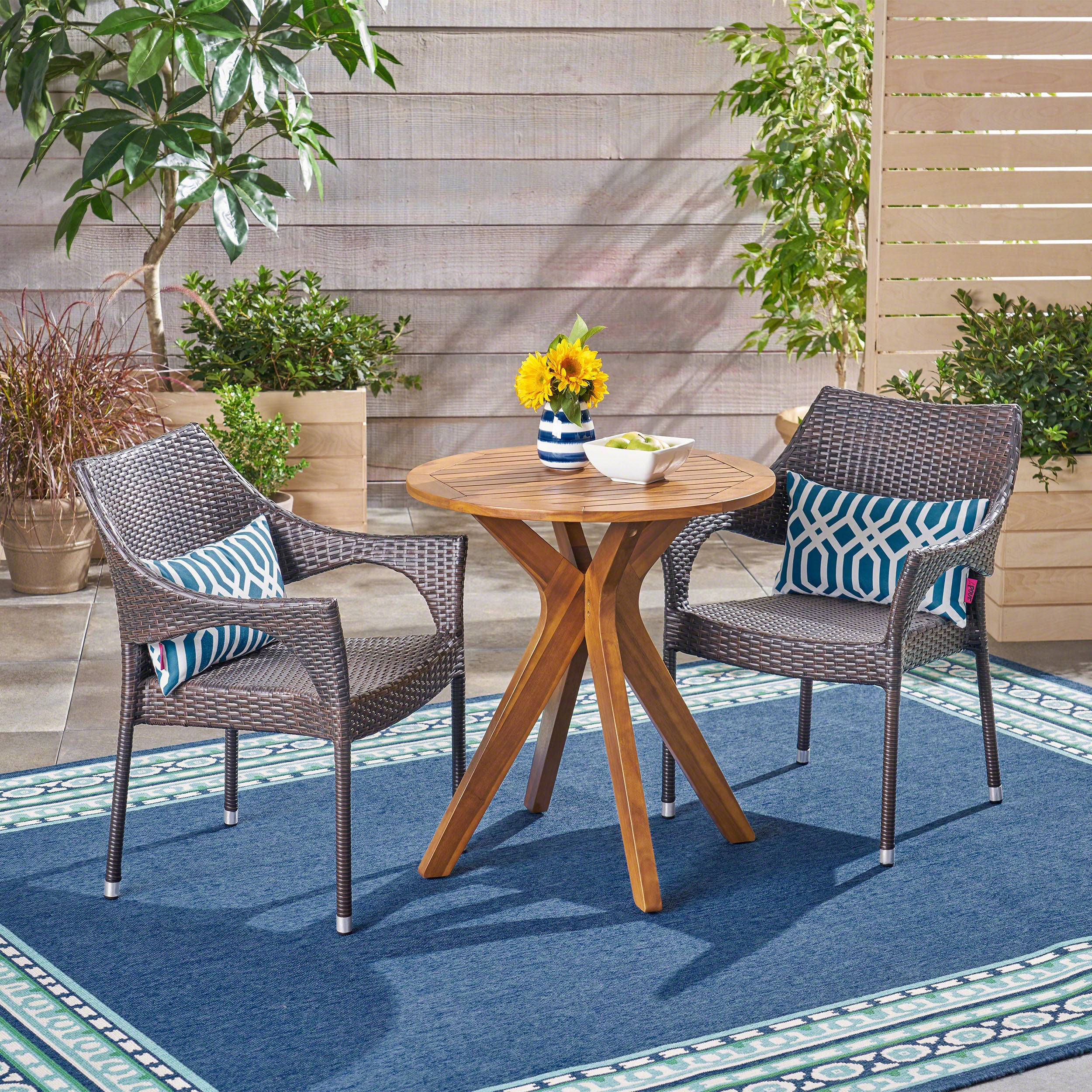 Payton Outdoor 3 Piece Acacia Wood and Wicker Bistro Set