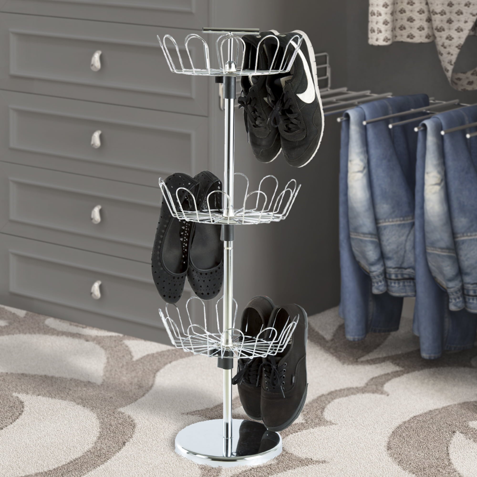 Three Tier Revolving Shoe Tree Orgainzer Rack with Chrome Finish by Lavish Home