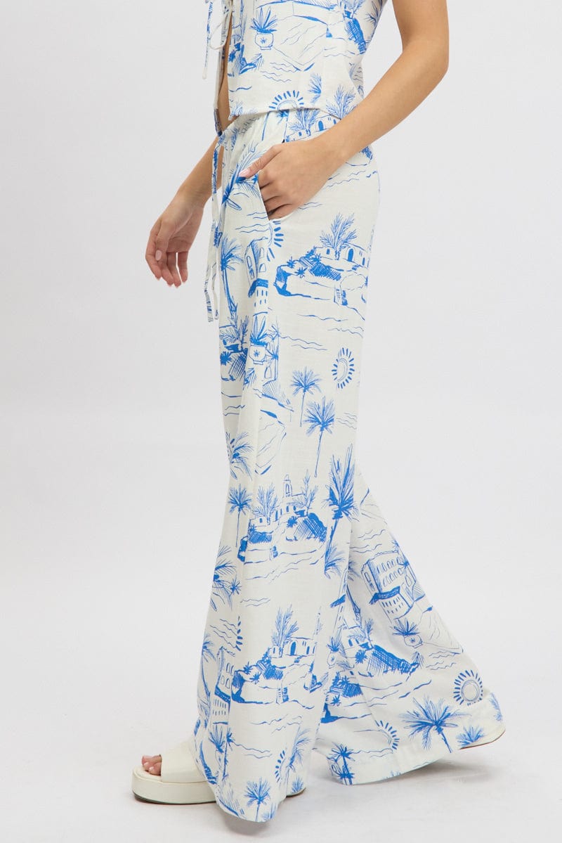 Blue Abstract Wide Leg Pants High Rise
