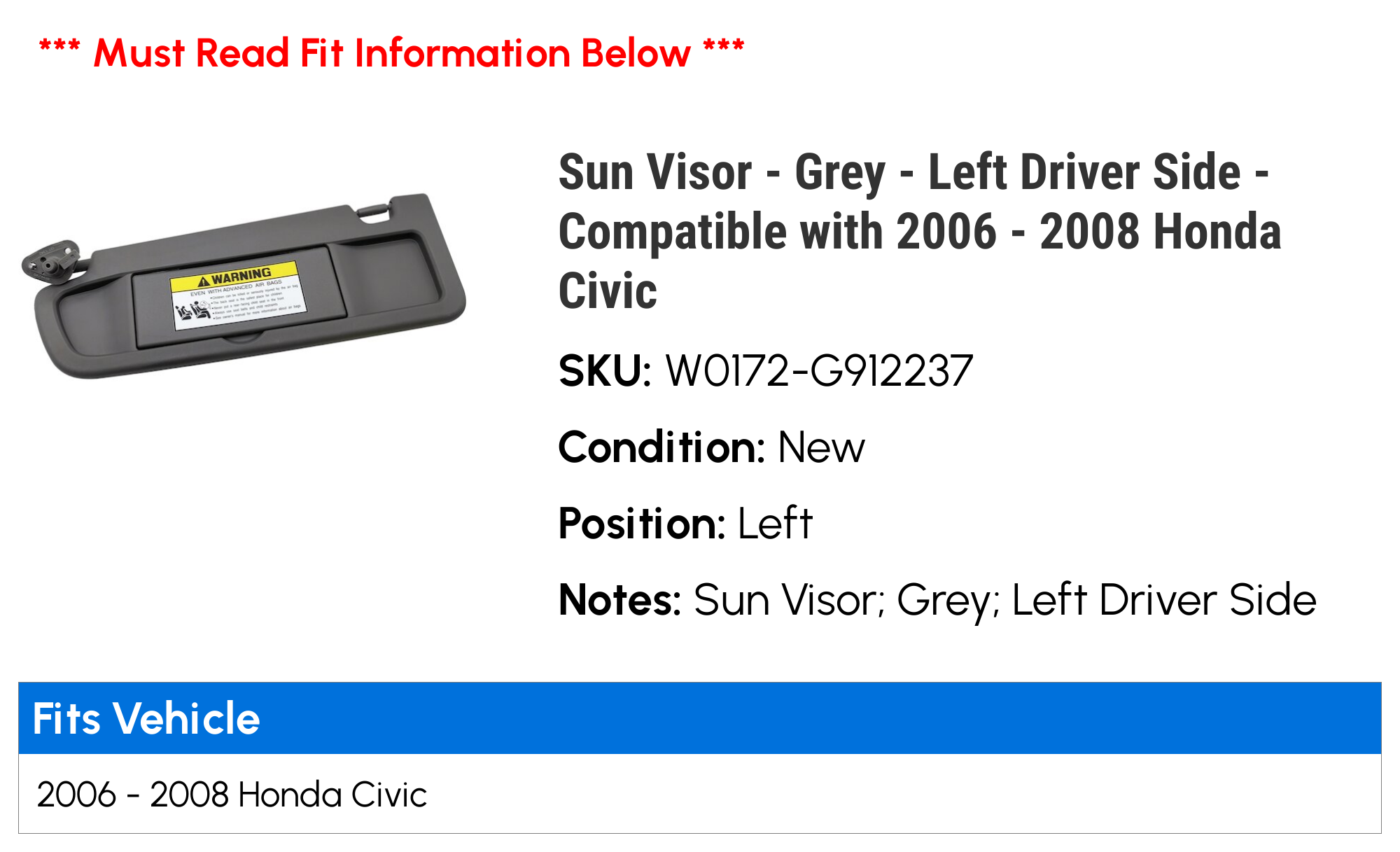 Sun Visor - Grey - Left Driver Side - Compatible with 2006 - 2008 Honda Civic 2007