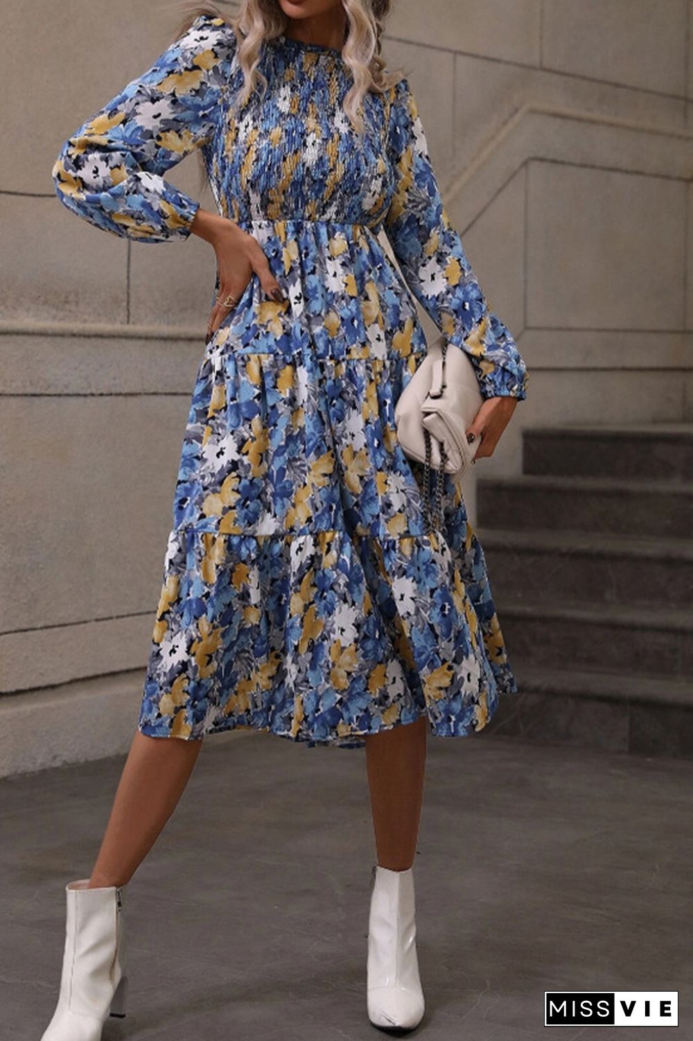 Elastic Waist Puff Sleeves Ruffle Printing Dress