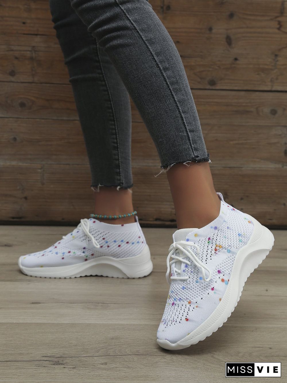 Multicolored Polka Dot Print White Flyknit Sneakers