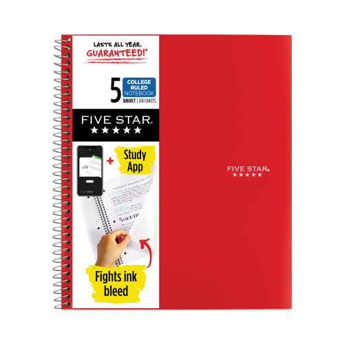 Five Star Wirebound Notebook， 5 Subjects， College Rule， Assorted Color Covers， 11 x 8.5， 200 Sheets (06208)