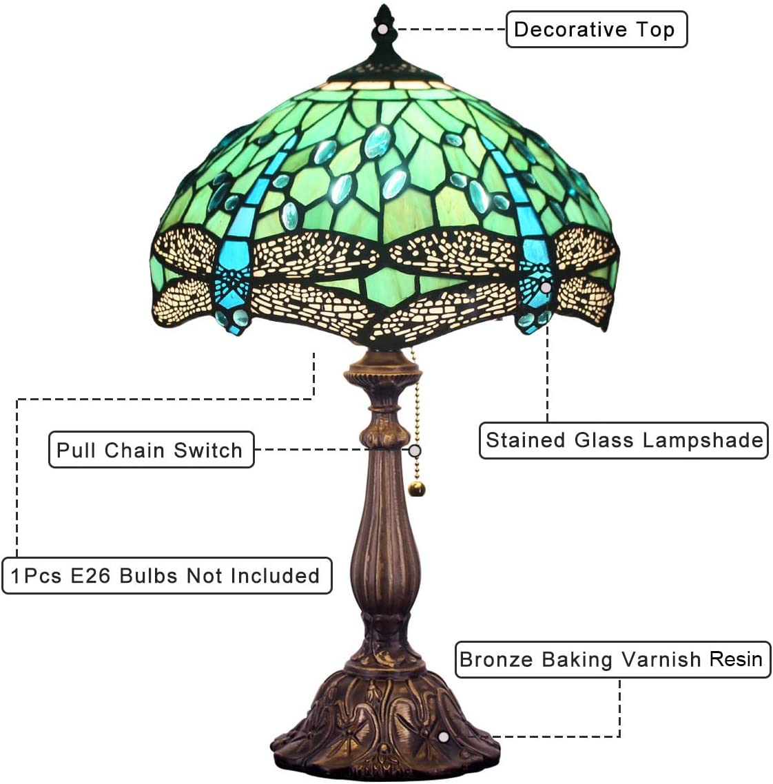 SHADY  Lamp W12H19 Inch Green Stained Glass Dragonfly Style Table Reading Lamp Nightstand Bedside Desk Light Decor Living Room Bedroom Home Office Work Study Pull Chain Switch