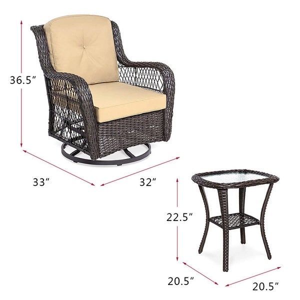 3-Pieces Conversation Set， Outdoor Wicker Rocker Swivel Patio Bistro Set， Rocking Chair with Glass Top Side Table for Garden - Overstock - 38006827