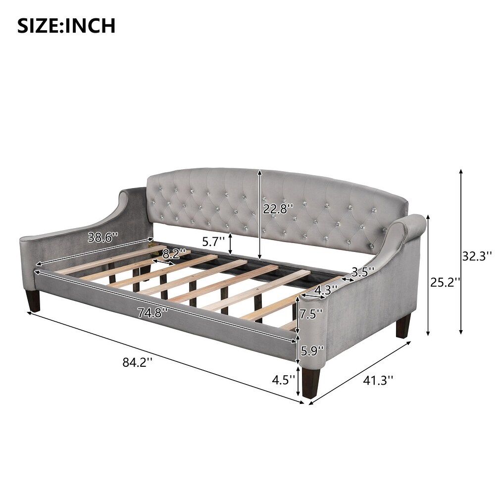 Modern Luxury Twin Size Tufted Button Daybed Wooden Platform Bed Frame  Comfy Upholstered Sofa w/ Solid Wood Slats Support