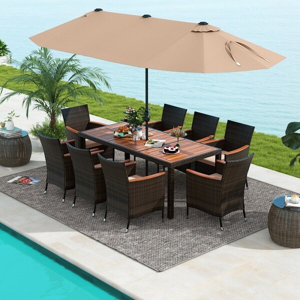 9 Piece Outdoor Dining Set with 15 Feet DoubleSided Twin Patio Umbrella