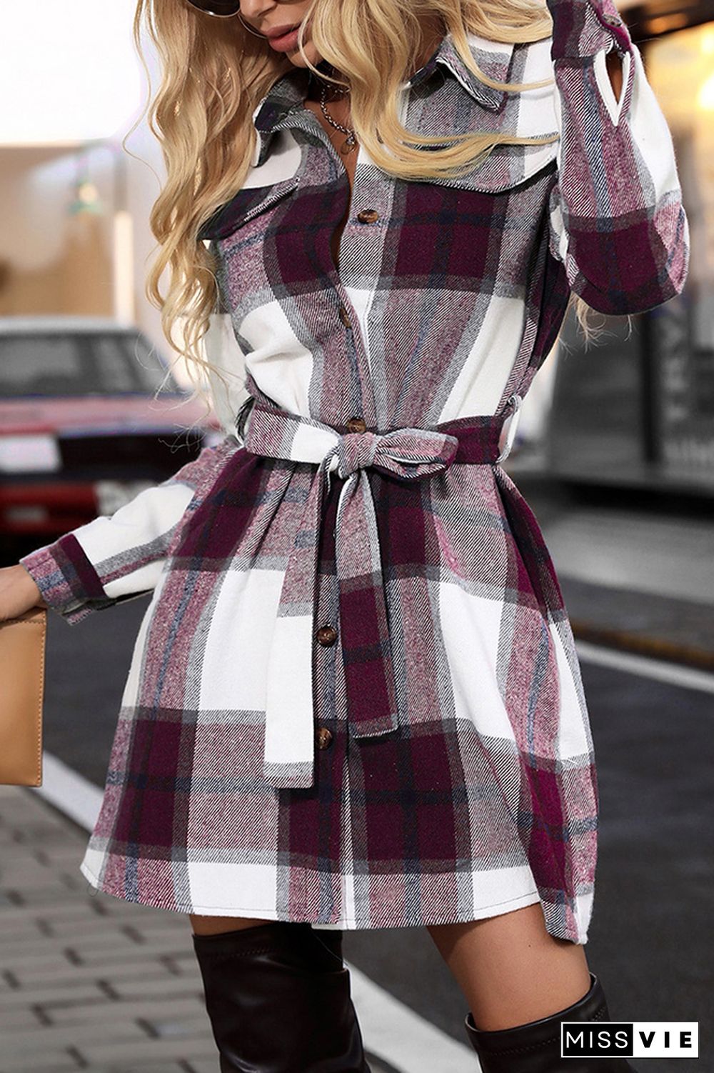 Open Button Plaid Long Jackets With Waist Belt Wholesale