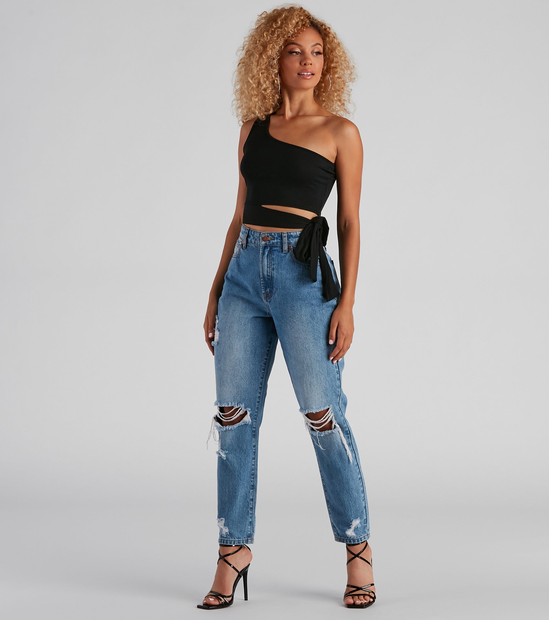 One Shoulder Tie Waist Crop Top