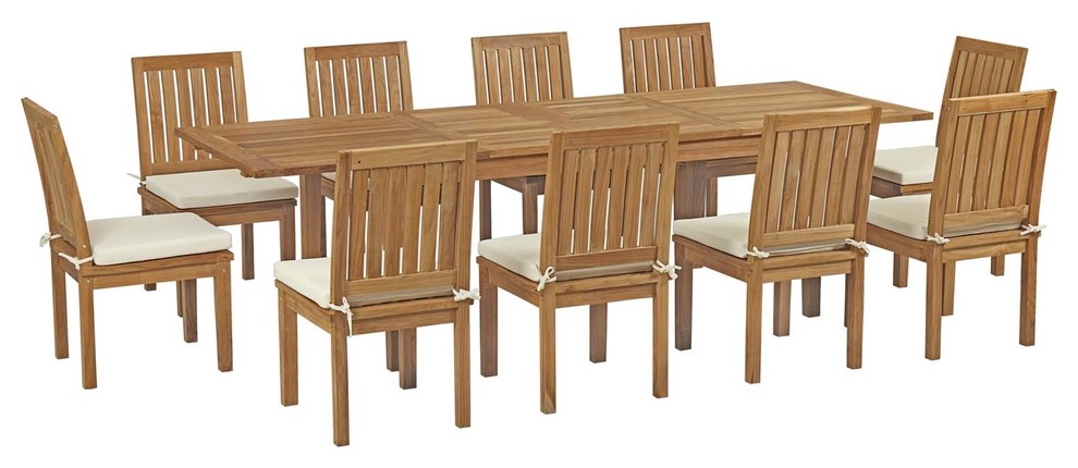 Marina 11 Piece Outdoor Teak Wood Outdoor Dining Set  Natural White   Transitional   Outdoor Dining Sets   by GwG Outlet  Houzz