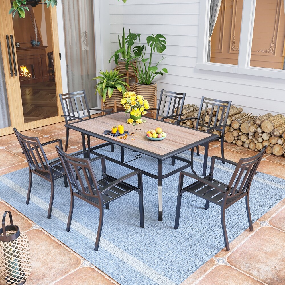 7 Piece Patio Dining Set with 6 Metal Stackable Chairs and 1 Rectangle Table with Wood Like PVC Top and Umbrella Hole